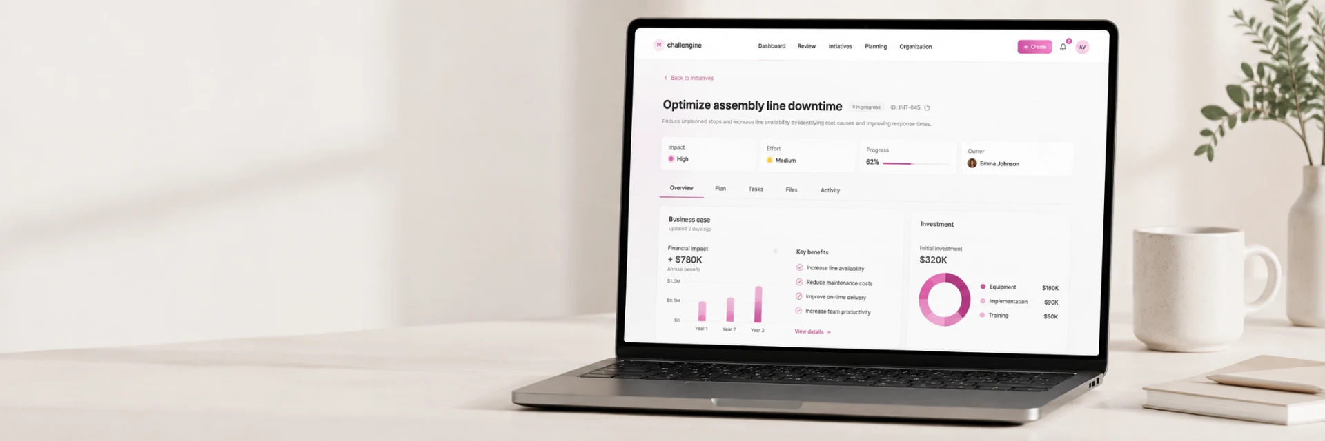 A finished Challengine business case with recommendation, quantified benefits and cost breakdown
