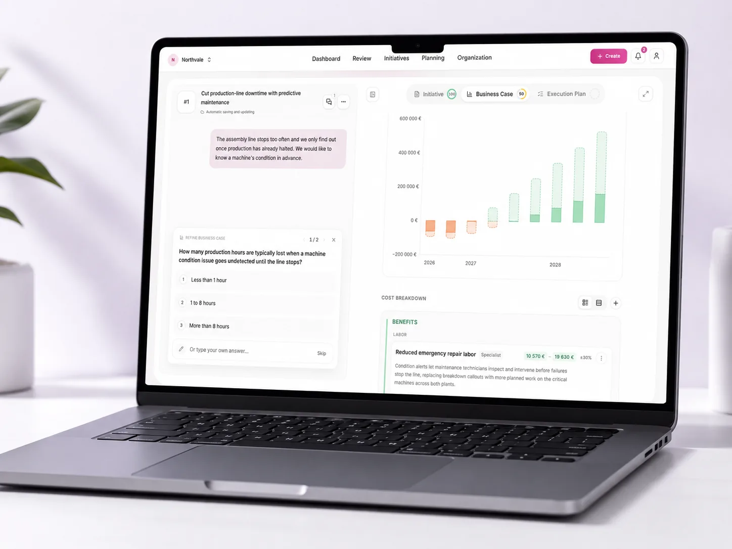 Challengine business case view showing quantified benefits, cost breakdown and the recommended decision