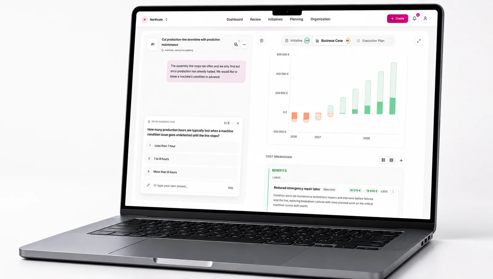 Challengine business case view on a laptop with impact chart, cost breakdown and quantified benefits