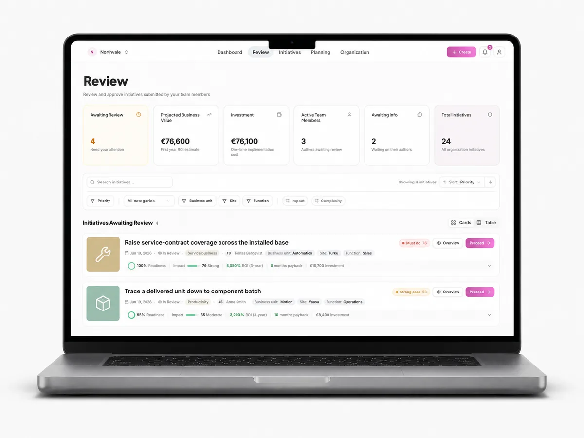 Challengine review view showing initiatives awaiting review with ROI, payback, investment and readiness figures